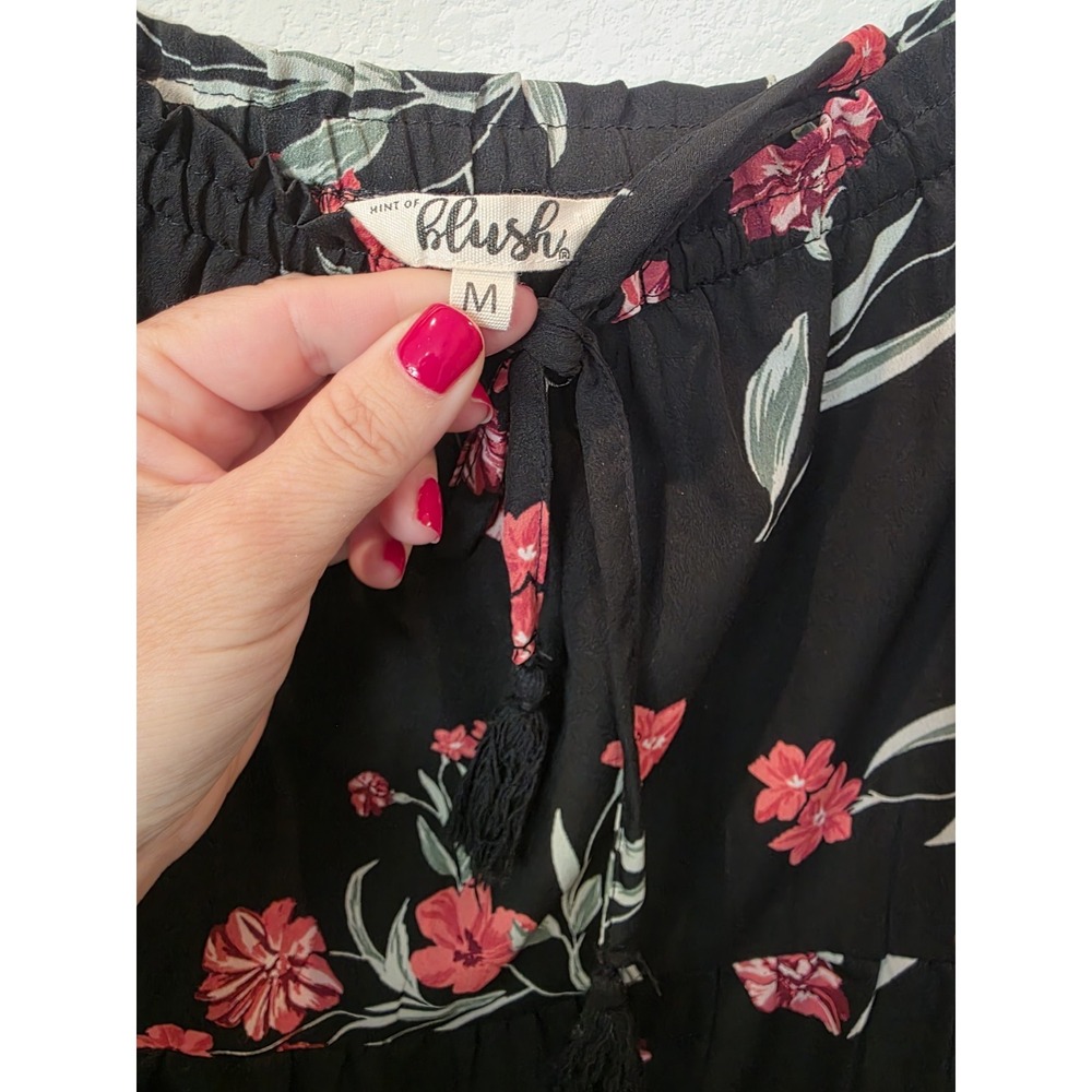 Hint Of Blush Babydoll Dress Sz M Tie Neck Tiered Black Red Floral Dark Romantic - Picture 2 of 6